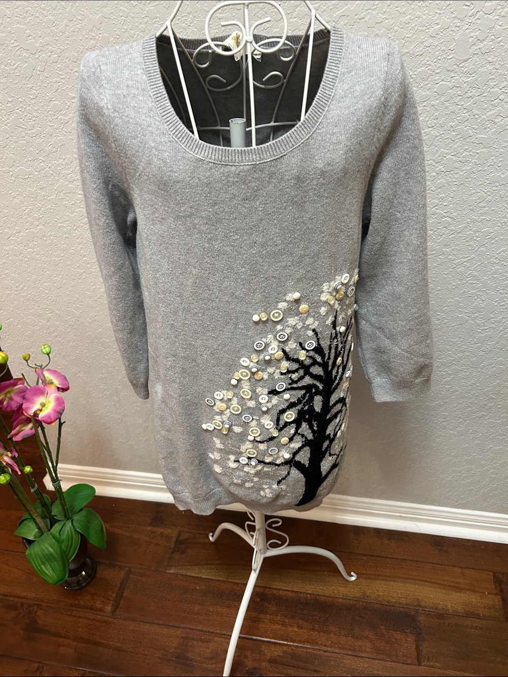 Gray Sweater Tunic with Embellished Tree by Antropologie